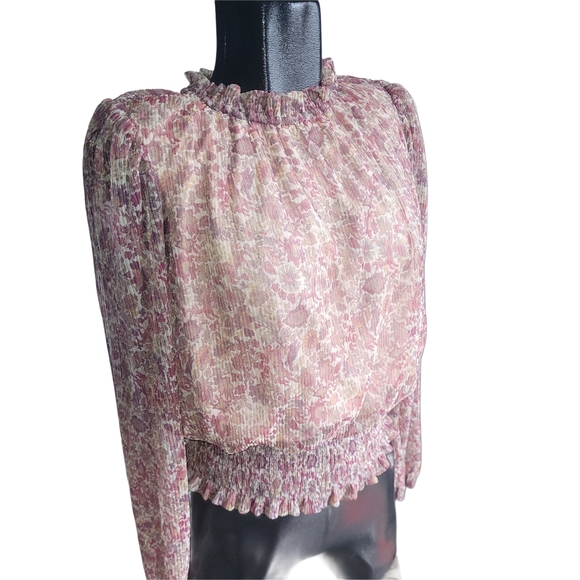 Joie Floral Ruffle Long Sleeve Blouse Pink And Tan Smocked Hemline M - Picture 2 of 6